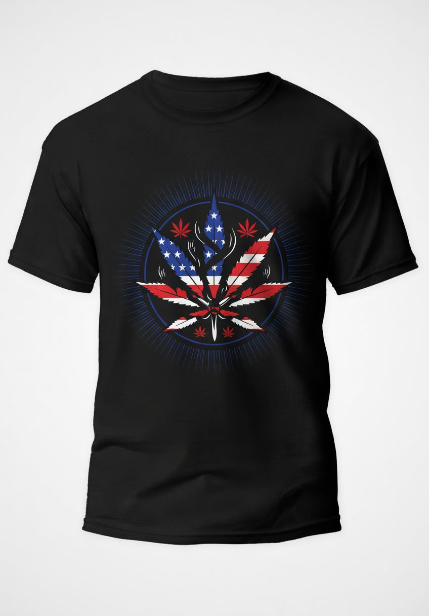 Patriotic Cannabis Leaf T-Shirt - American Flag Weed Design Black"